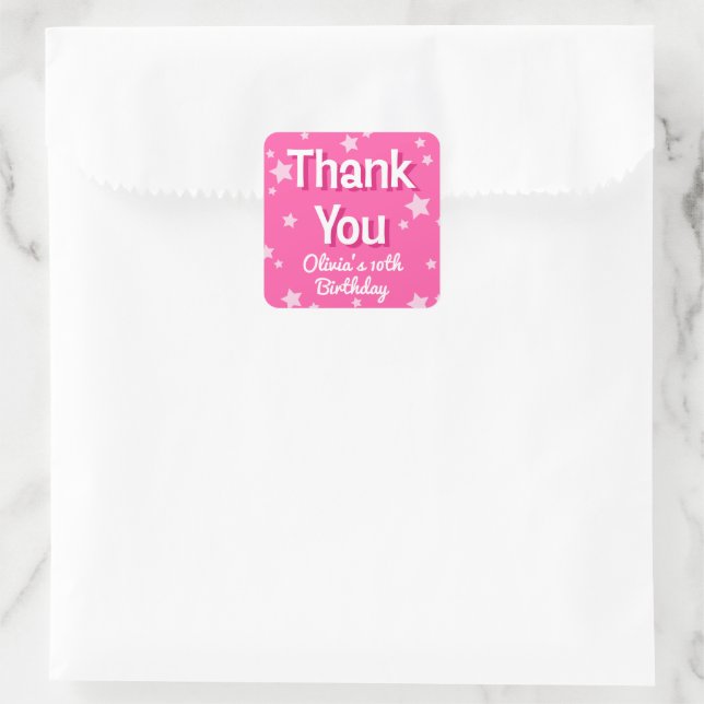 Retro Pretty Pink Stars Happy Birthday  Square Sticker (Bag)