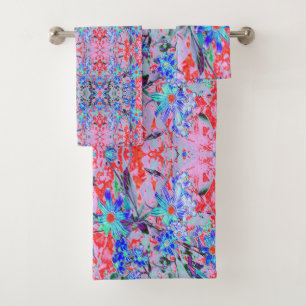 Retro Psychedelic Aqua and Orange Flowers Bath Towel Set
