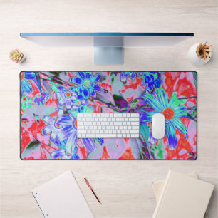 Retro Psychedelic Aqua and Orange Flowers Desk Mat