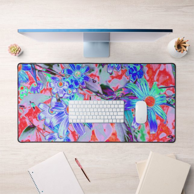 Retro Psychedelic Aqua and Orange Flowers Desk Mat (Office 1)