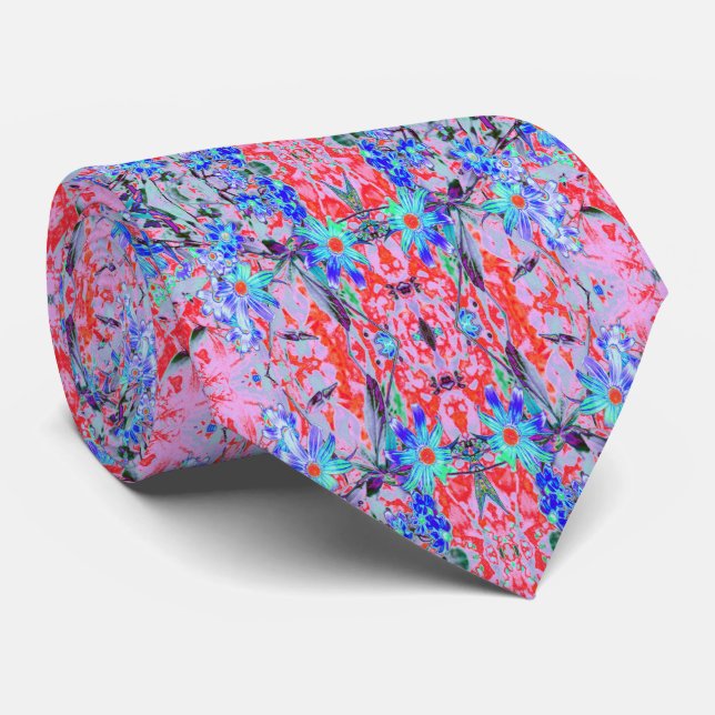 Retro Psychedelic Aqua and Orange Flowers Tie (Rolled)