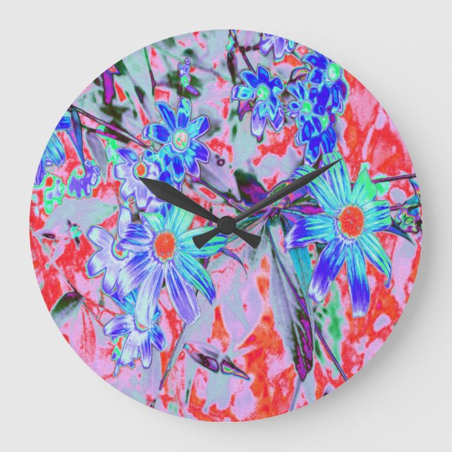 Retro Psychedelic Aqua Green and Orange Flowers Large Clock (Front)