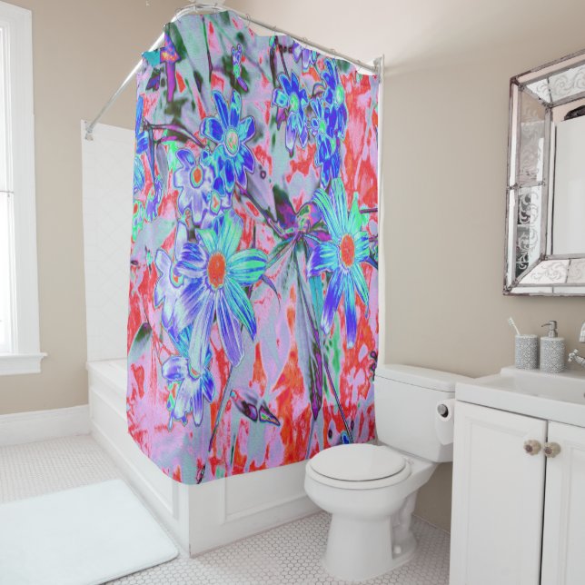 Retro Psychedelic Aqua Green and Orange Flowers Shower Curtain (In Situ)