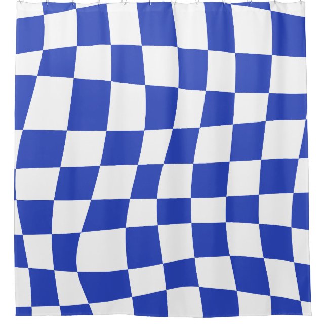 Retro Psychedelic blue wavy checkered Pattern Shower Curtain (Front)