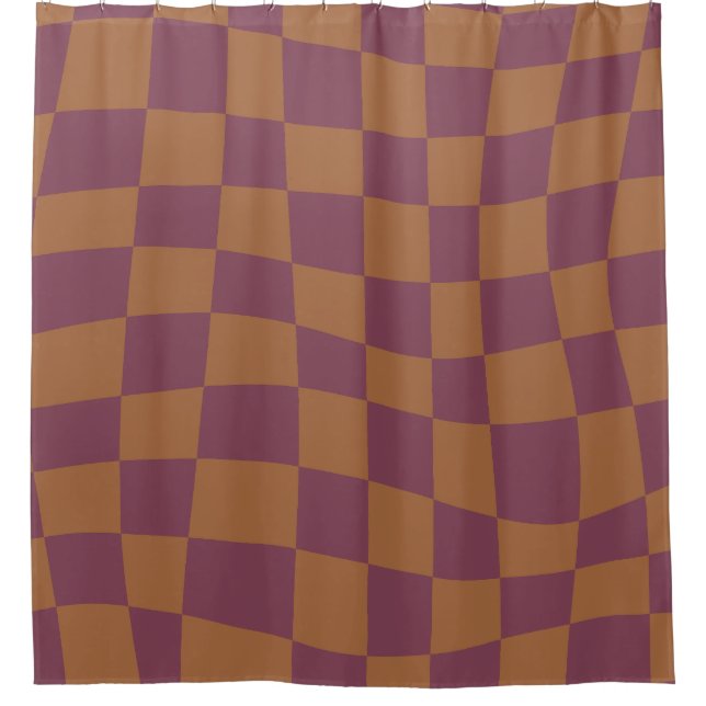 Retro Psychedelic burgundy wavy checkered Pattern Shower Curtain (Front)