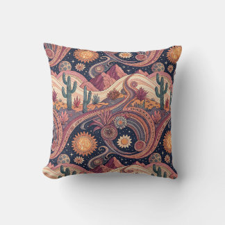 Retro Psychedelic Desert Cactus Sunset Painting Cushion