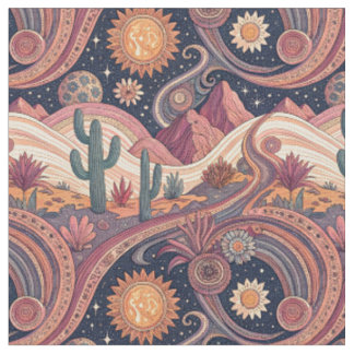 Retro Psychedelic Desert Cactus Sunset Painting Fabric