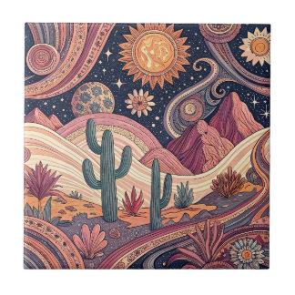 Retro Psychedelic Desert Cactus Sunset Painting Tile