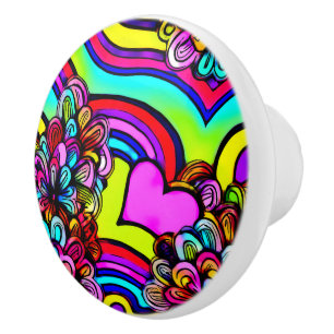 Retro Psychedelic Flowers Heart Colourful Ceramic Knob