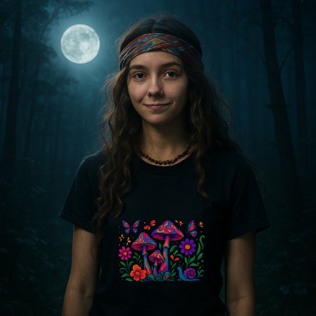Retro Psychedelic Flowers & Mushrooms T-Shirt (Creator Uploaded)