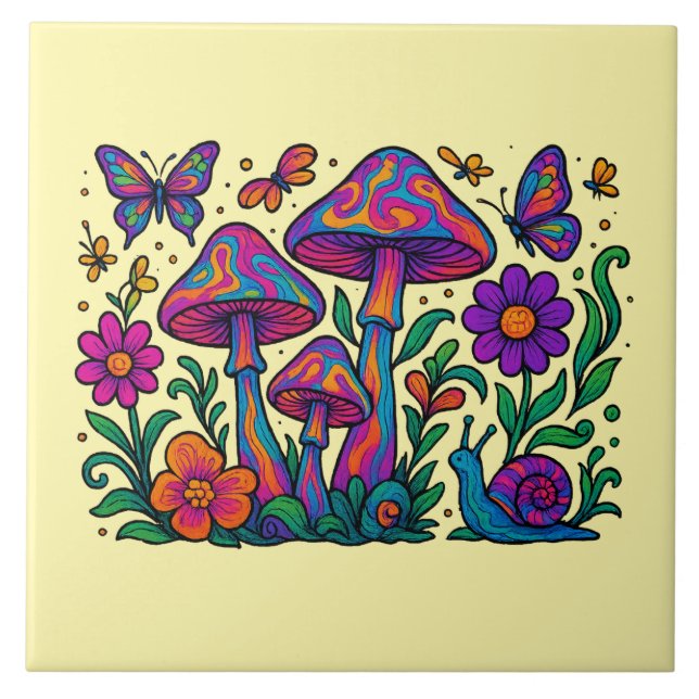 Retro Psychedelic Flowers & Mushrooms Tile (Front)