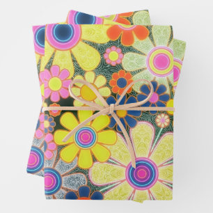 Retro Psychedelic Glowing Floral Wrapping Paper Sh