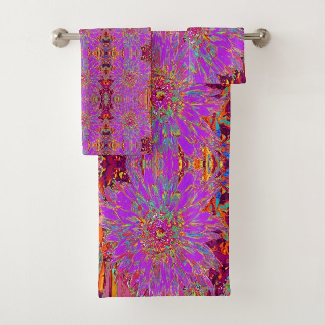 Retro Psychedelic Purple and Orange Dahlia Flower Bath Towel Set (Insitu)