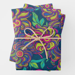 Retro Psychedelic Swirling Neon Floral Wrapping Pa Paper Sheet