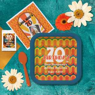 Retro Psychedelic Wave 70th Birthday  Paper Plate