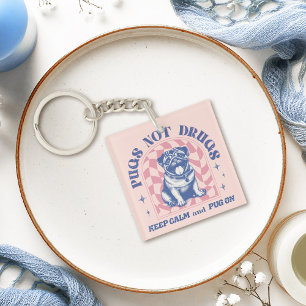 Retro Pug "Pugs Not Drugs" Bubblegum Pink and Blue Key Ring