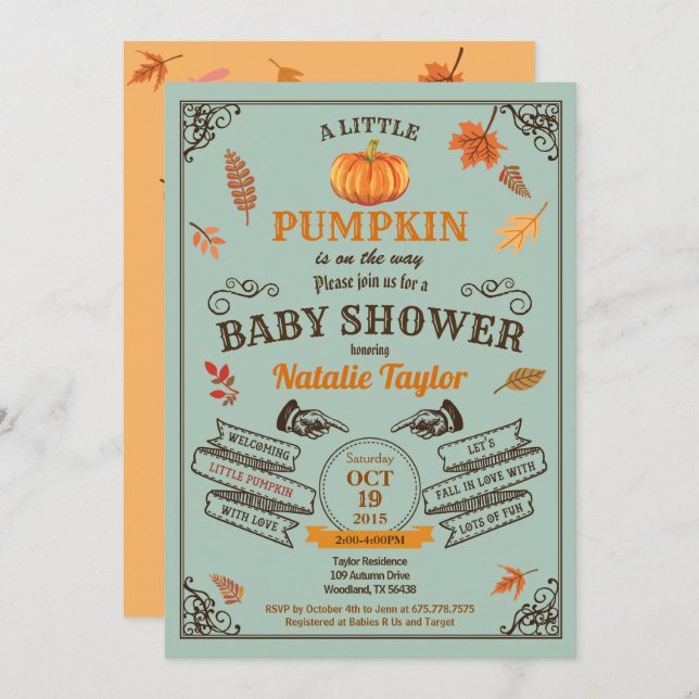 Retro pumpkin baby shower invitation green (Front/Back)