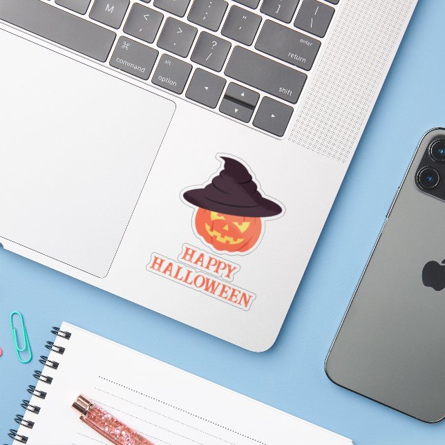 Retro Pumpkin “Happy” Halloween Sticker – Vintage  (Laptop w/ iPhone)
