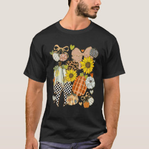 Retro Pumpkin Patchwork Coquette Leopard Print Fal T-Shirt