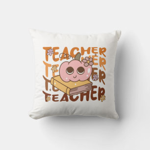 Retro Pumpkin Teacher Halloween Fall Cushion