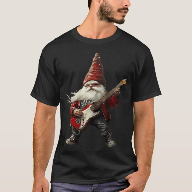 Retro Punk Rock Gnome Playing Electric Guitar Chri T-Shirt (Front)