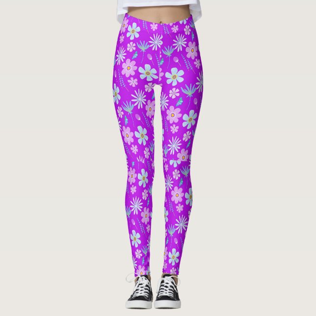 Retro Purple and Blue Flowers 1970s Leggings (Front)
