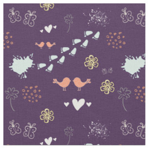 Retro purple and colourful pattern of birds, dots, fabric