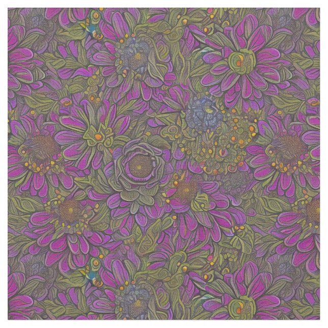 Retro Purple and green Floral Design Fabric (Close Up)
