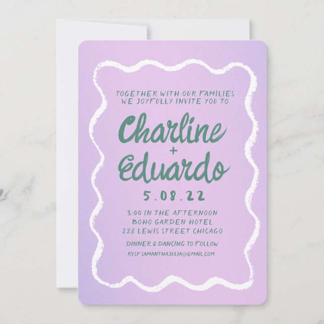 Retro Purple and Green Wavy  Handwriting Wedding  Invitation (Front)