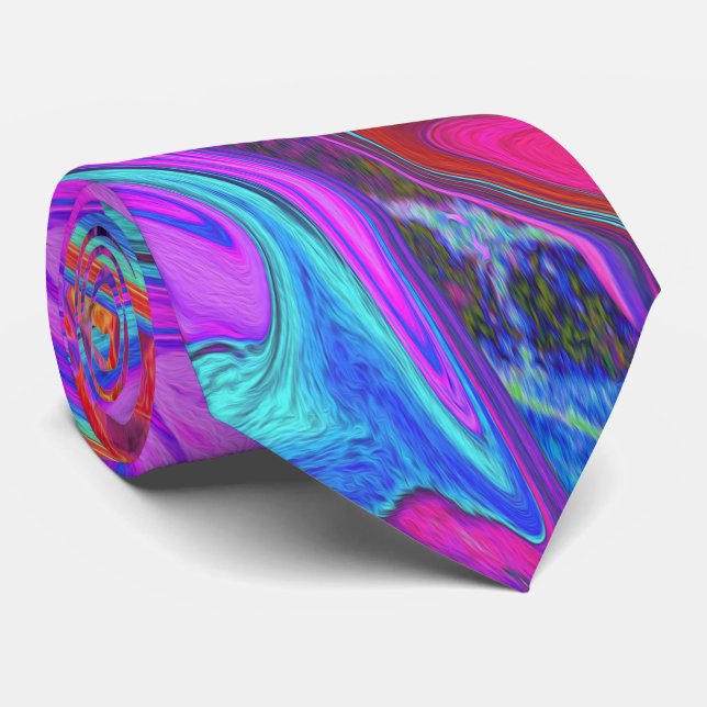 Retro Purple, Blue and Orange Abstract Liquid Art Tie (Rolled)