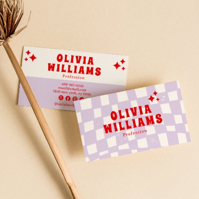 Retro Purple Bold Groovy Chequered Funky Trendy Business Card (Creator Uploaded)