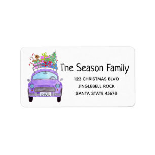 Retro Purple Car with Christmas Gifts Label