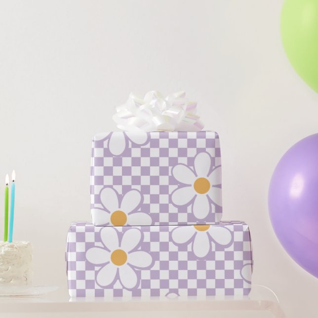 Retro Purple Check and daisy Wrapping Paper (Party Gifts)