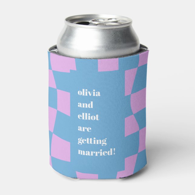 Retro Purple Chequerboard Custom Couples Shower Can Cooler (Can Front)