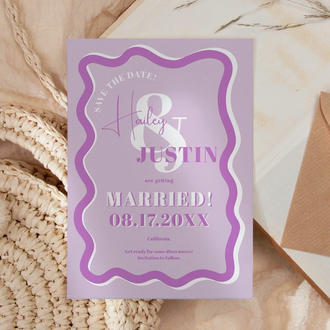 Retro purple curve squiggle wavy photo wedding save the date (Creator Uploaded)