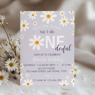 Retro Purple Daisy First Birthday Party Invitation