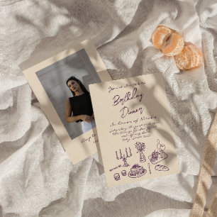 Retro Purple Drawn Birthday Dinner Party Photo Invitation