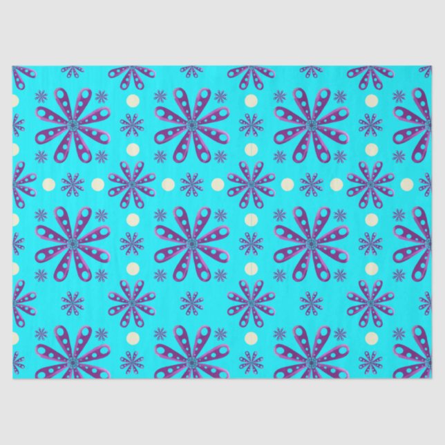 Retro Purple Flowers on Blue Background Tissue Paper (Front)
