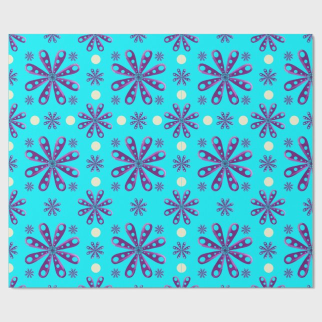Retro Purple Flowers on Blue Background Wrapping Paper (Flat)