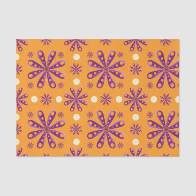 Retro Purple Flowers on Orange Background Tissue Paper (Front)