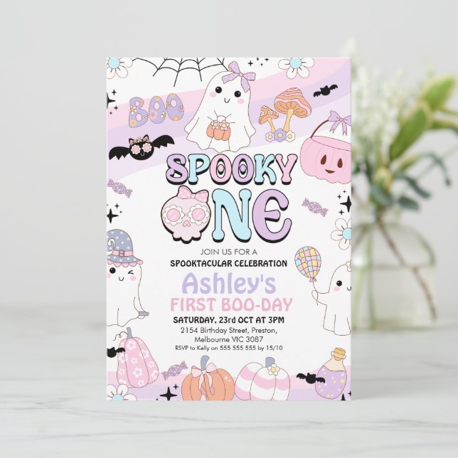 Retro Purple Girls Spooky Halloween 1st Birthday Invitation (Standing Front)