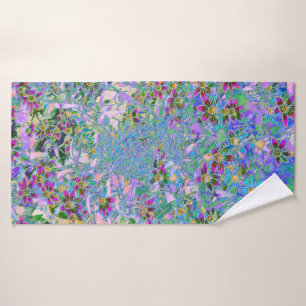 Retro Purple, Green and Blue Wildflowers on Pink Bath Towel