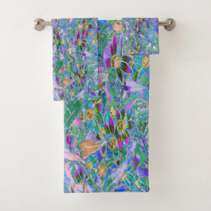 Retro Purple, Green and Blue Wildflowers on Pink Bath Towel Set