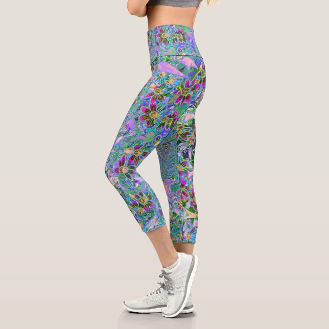 Retro Purple, Green and Blue Wildflowers on Pink Capri Leggings (Left)
