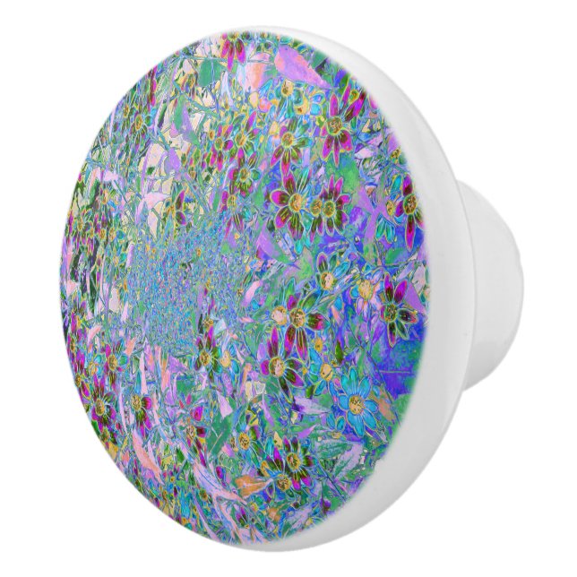Retro Purple, Green and Blue Wildflowers on Pink Ceramic Knob (Right)