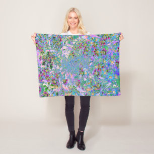 Retro Purple, Green and Blue Wildflowers on Pink Fleece Blanket