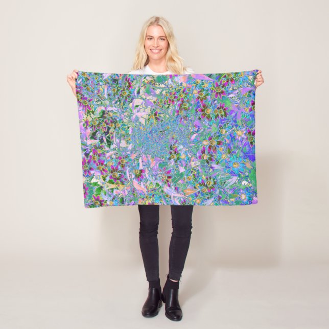 Retro Purple, Green and Blue Wildflowers on Pink Fleece Blanket (In Situ)