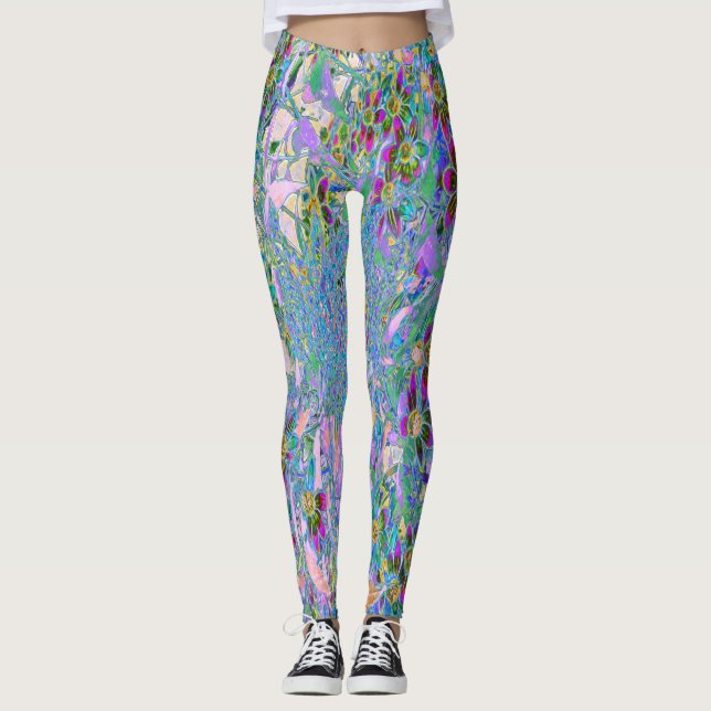 Retro Purple, Green and Blue Wildflowers on Pink Leggings (Front)
