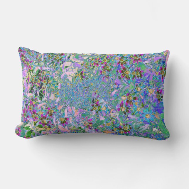 Retro Purple, Green and Blue Wildflowers on Pink Lumbar Cushion (Front)