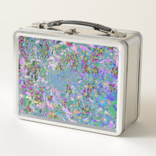 Retro Purple, Green and Blue Wildflowers on Pink Metal Lunch Box